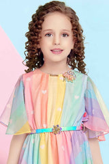 Rainbow Frock With Circle Sleeves And Pearl Brooch For Girls