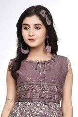 Purple Sequins Work And Printed Casual Dress For Girls