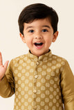 Fawn Silk Kurta Pyjama Set With Printed Nehru Jacket For Boys