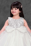 White Sequin Party Wear Frock with Bow Detail For Girls