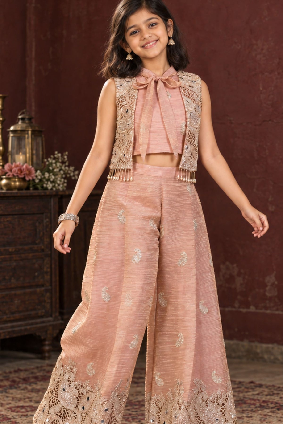 Girls Blush Peach Embroidered Jacket Palazzo Set