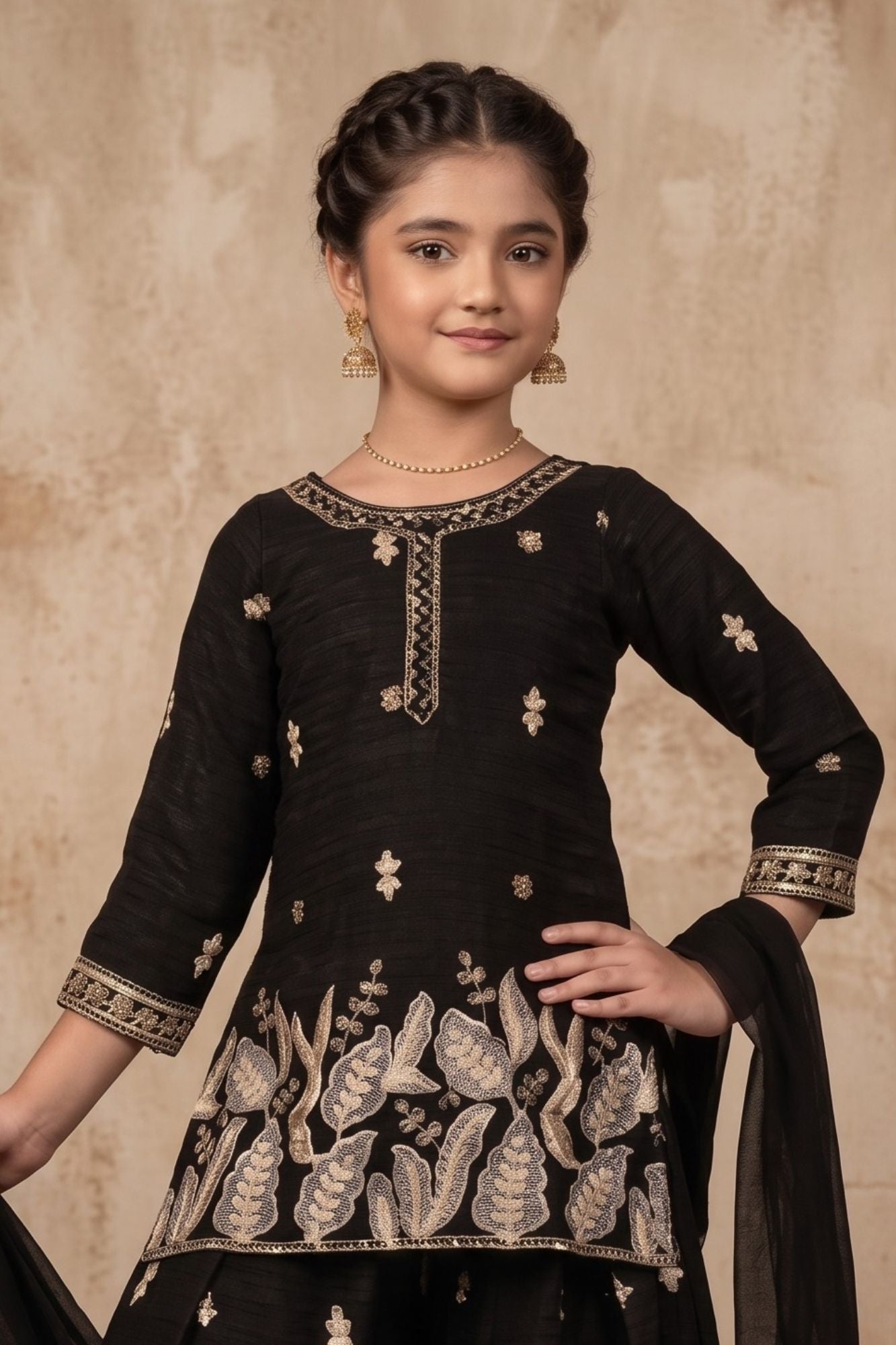 Black Zari Embroidered Palazzo Set For Girls