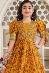 Mustard Printed And Sequin Gown For Girls