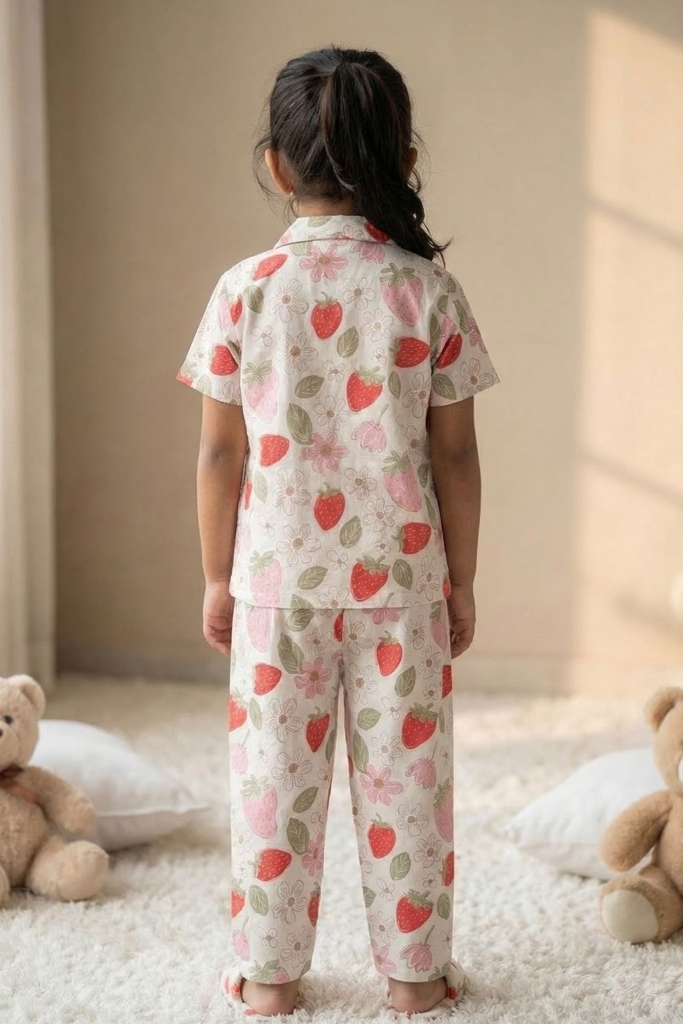 Off White Strawberry Floral Printed Night Suit Set For Girls