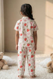 Off White Strawberry Floral Printed Night Suit Set For Girls