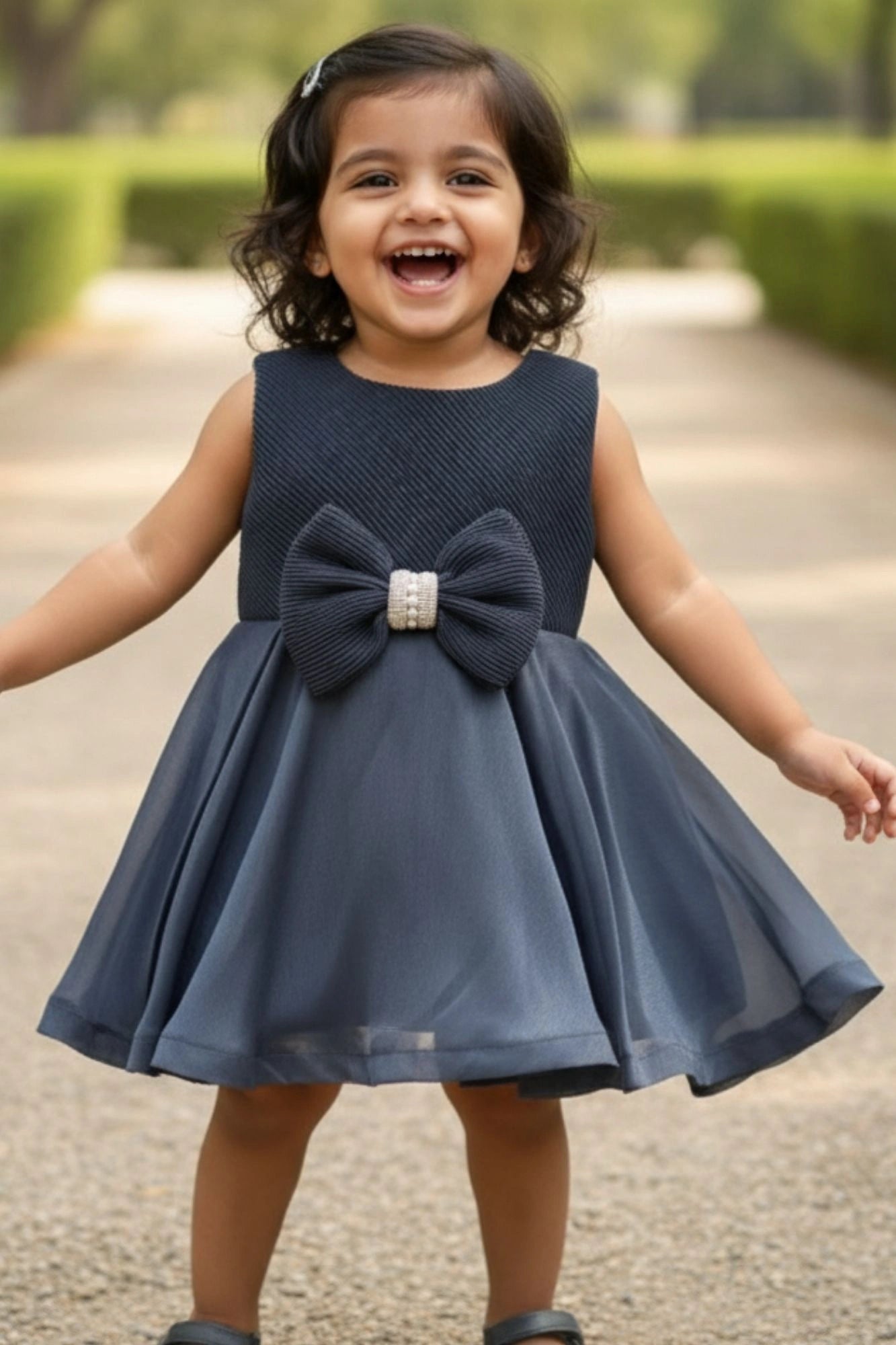 Blue Embellished Bow Charm Party Frock for Girls
