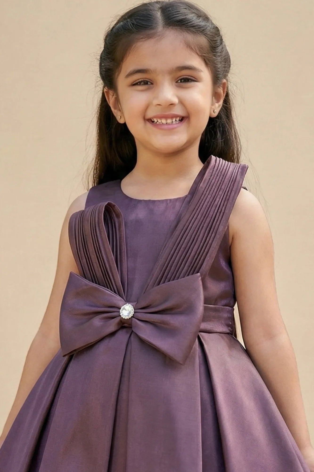 Organza Wine Frock With Bow Embellished For Girls