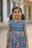 Blue Floral Printed Cotton Frock with Ruffle Yoke For Girls