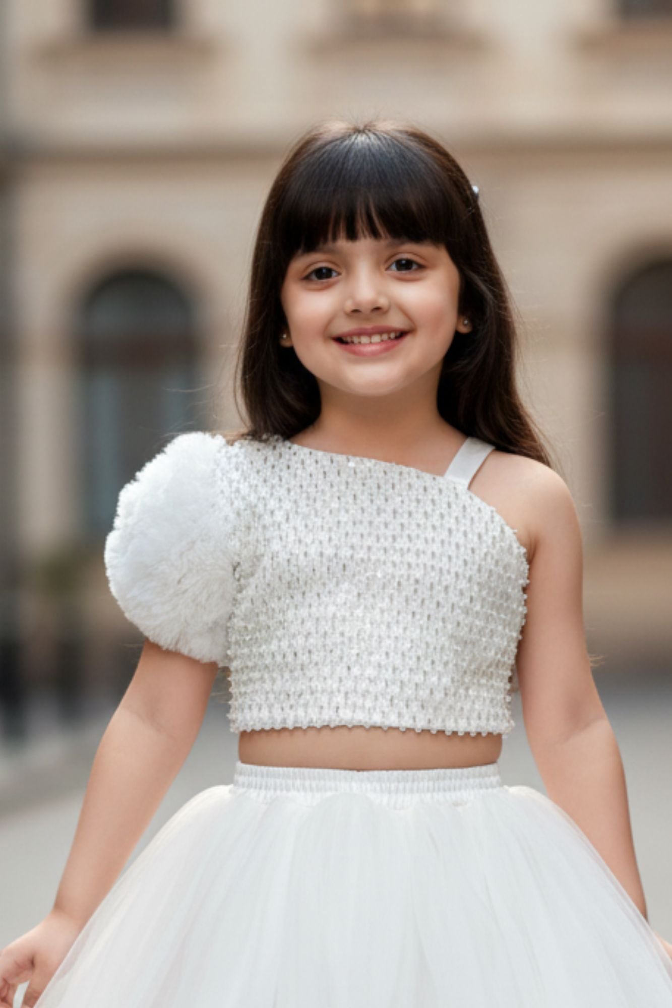 White Ruffled Sequins And Pearl Work Skirt Set For Girls