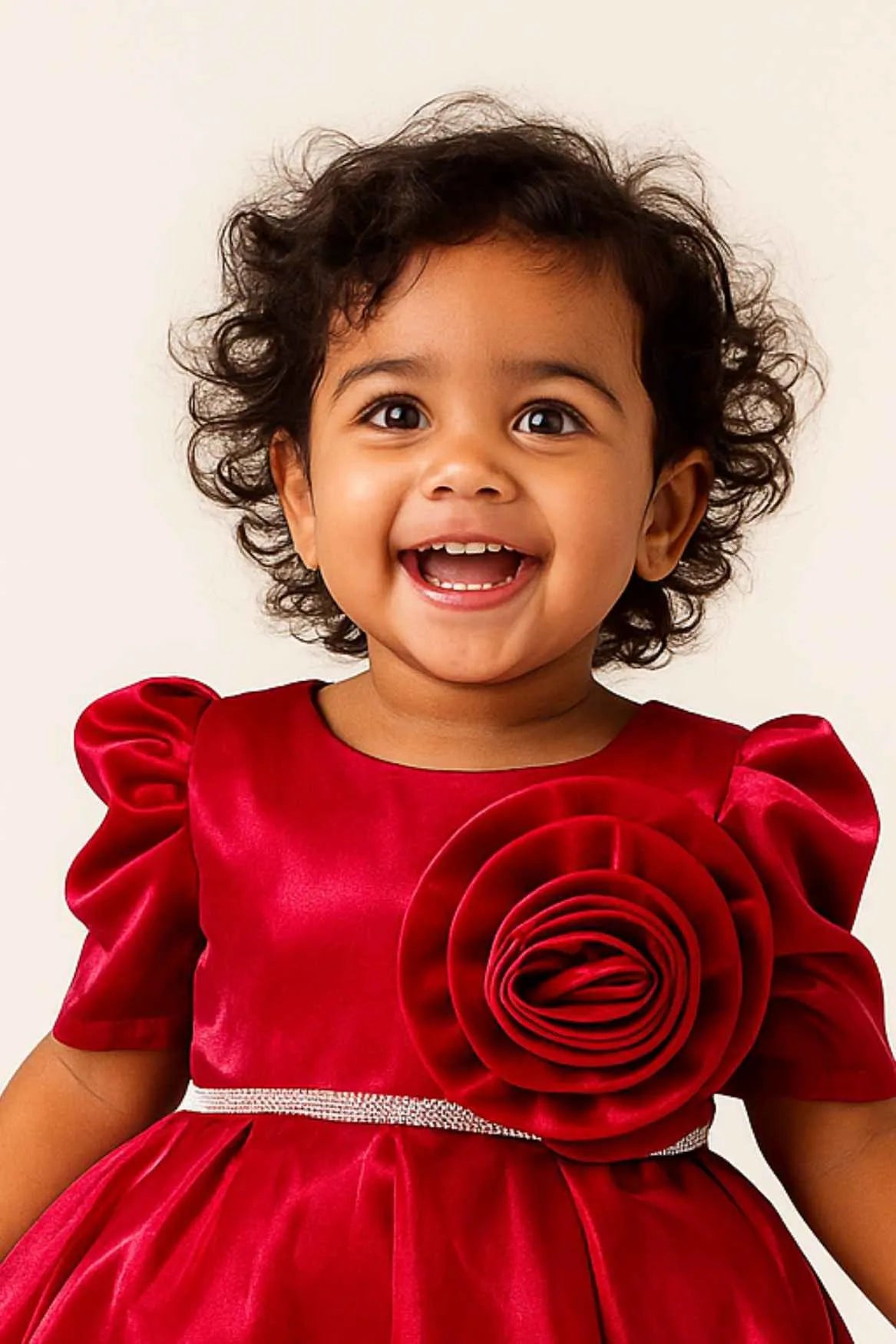 Red Puff Sleeve Party Dress With Oversized Rosette For Girls