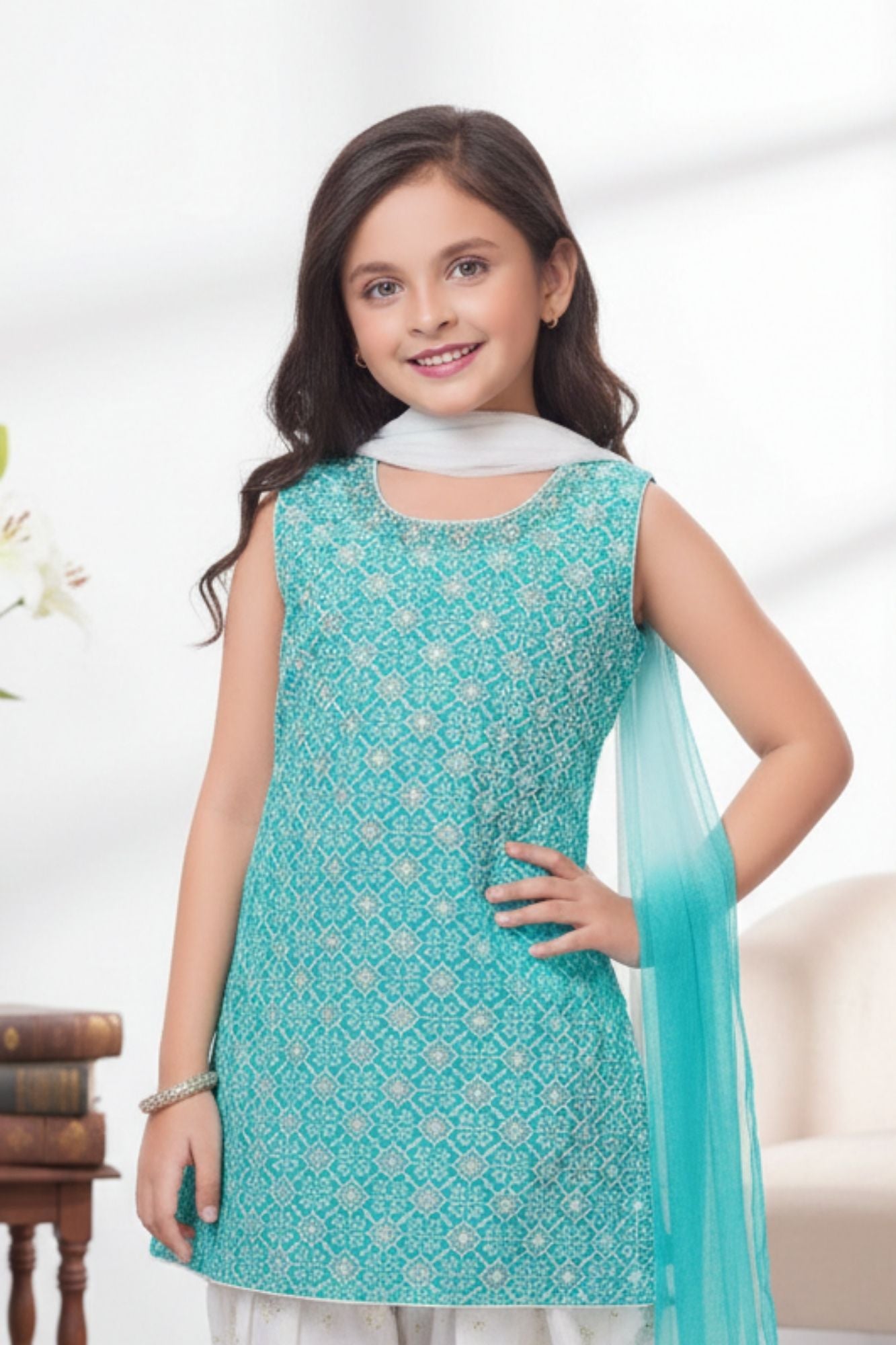 Aqua Blue Embroidered Patiala Suit Set With Dupatta For Girls