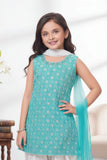 Aqua Blue Embroidered Patiala Suit Set With Dupatta For Girls