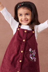 Maroon Dungaree And White T shirt With Embroidery For Girls