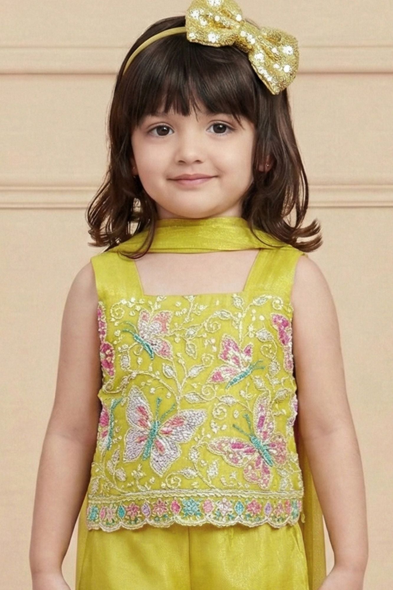 Lemon Yellow Embroidered Sharara Set With Dupatta For Girls