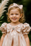 Peach Puff Sleeve And Bow Embellished Frock For Girls