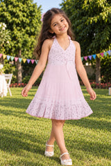 Girls Light Pink Floral Lace Halter Neck Pleated Dress