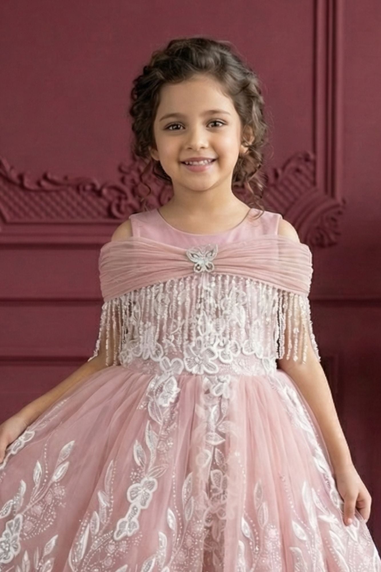Peach Embroidered Off-Shoulder Princess Ball Gown For Girls