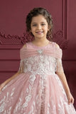 Peach Embroidered Off-Shoulder Princess Ball Gown For Girls