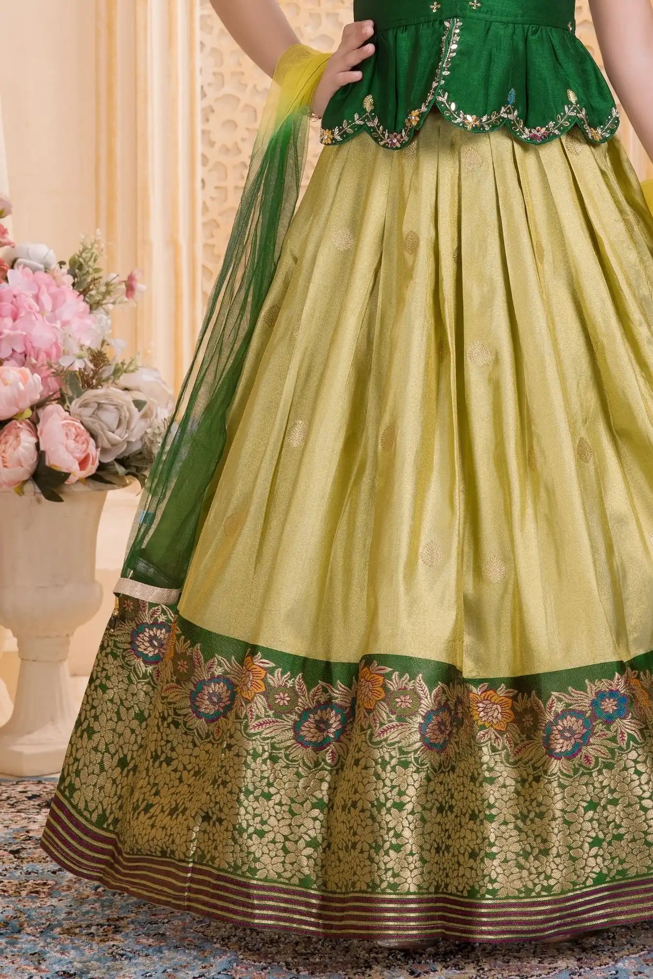 Emerald Green Embroidered Pattu Pavadai Set with Zari Work For Girls