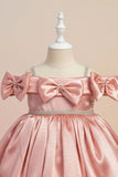 Copper Party Wear Frock with Shoulder Bows and Crystal Belt For Girls