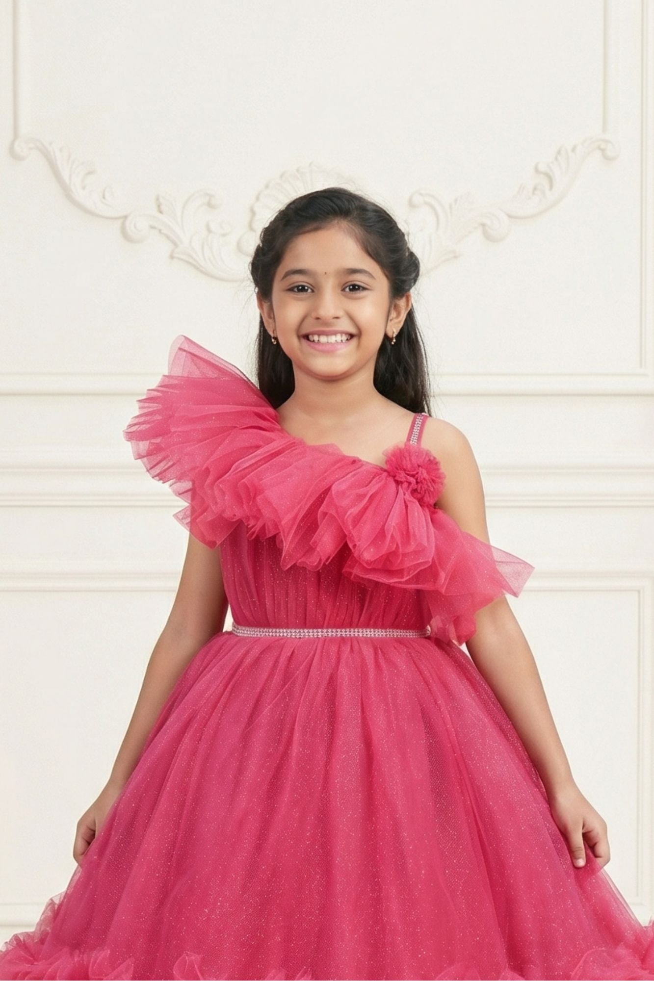 Rani Pink One-Shoulder Net Party Gown with Layered Ruffle Hem For Girls
