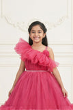 Rani Pink One-Shoulder Net Party Gown with Layered Ruffle Hem For Girls