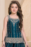 Peacock Blue Designer Embroidered Palazzo Set For Girls