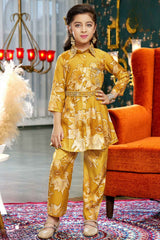 Mustard Printed And Sequin Top And Bottom Set For Girls