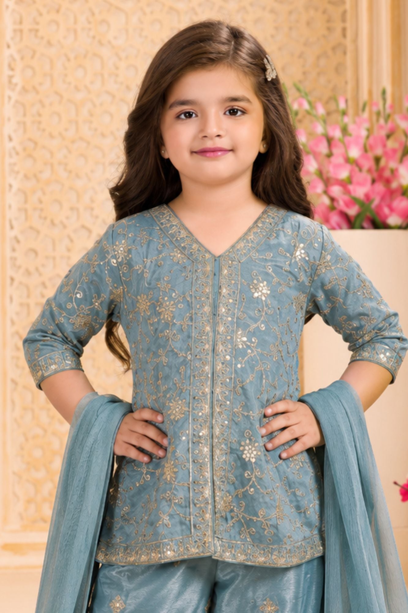 Aqua Blue Delicate Floral Vine Embroidered Palazzo Set with Dupatta