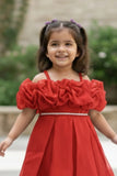 Red Ruffle Layered Party Wear Frock With Shimmer Strap For Girls