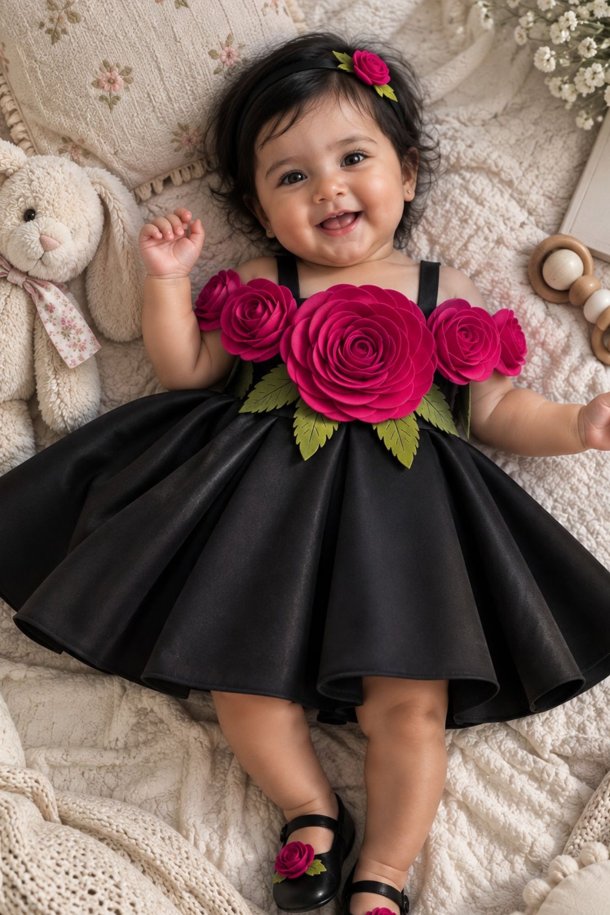 Girls Black 3D Floral Applique Party Wear Frock
