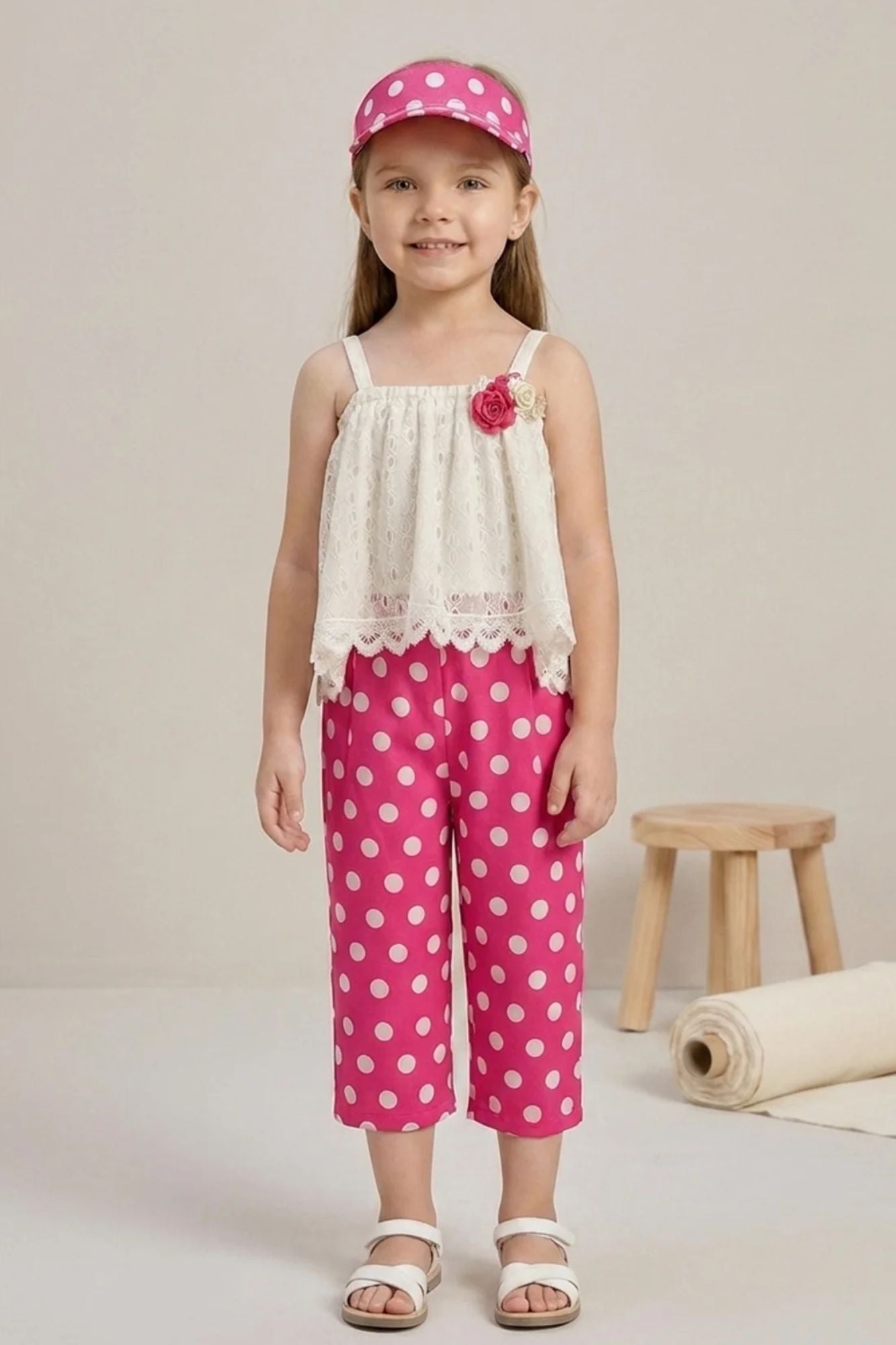 Girls White Lace Top with Pink Polka Dot Capri Pants