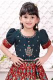 Teal Blue And Maroon Pattu Pavadai Set With Floral And Geometric Embroidery for Girls