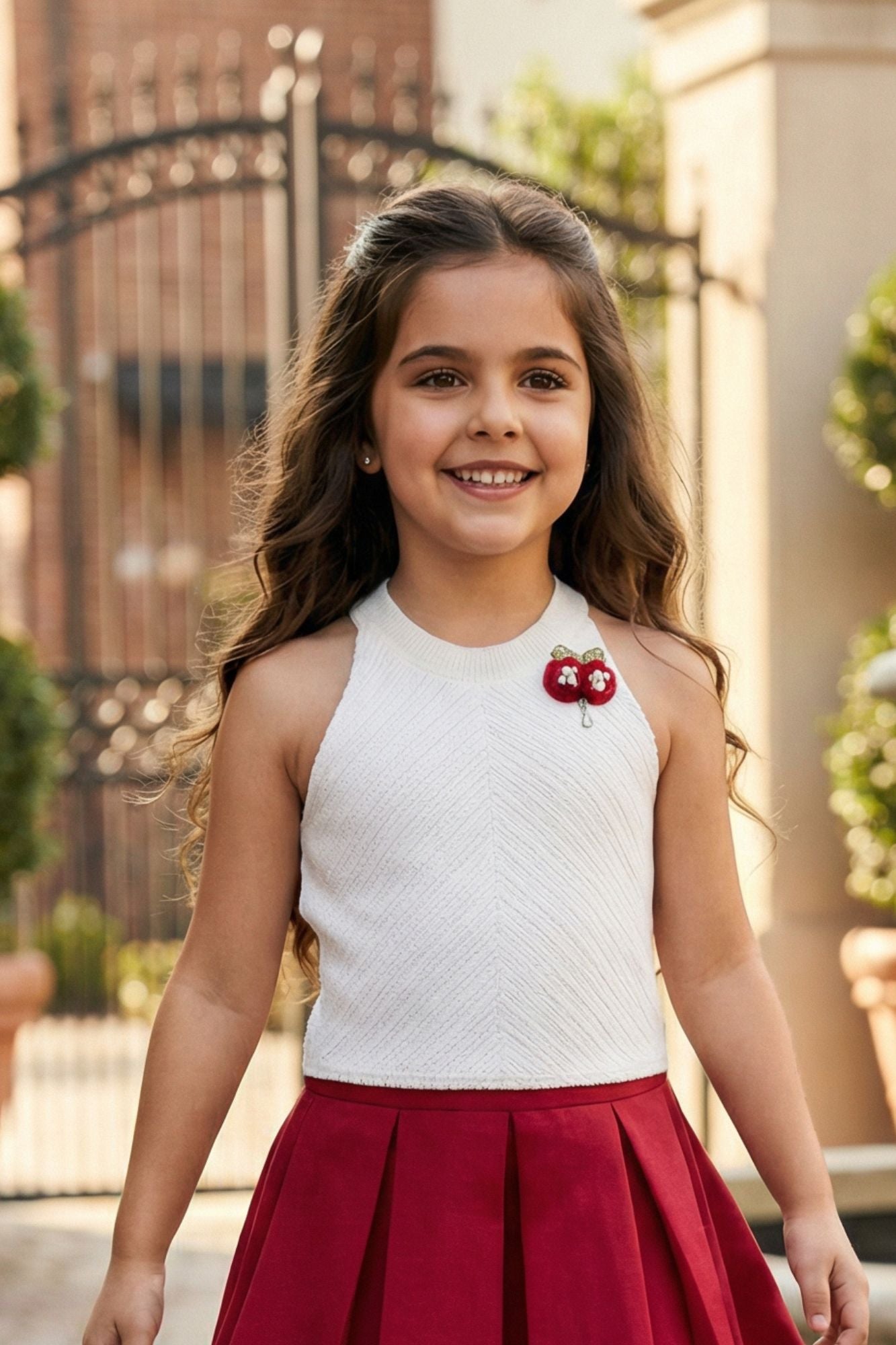 White Halter Top And Red Pleated Skirt Co-ord Set For Girls