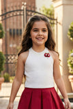 White Halter Top And Red Pleated Skirt Co-ord Set For Girls
