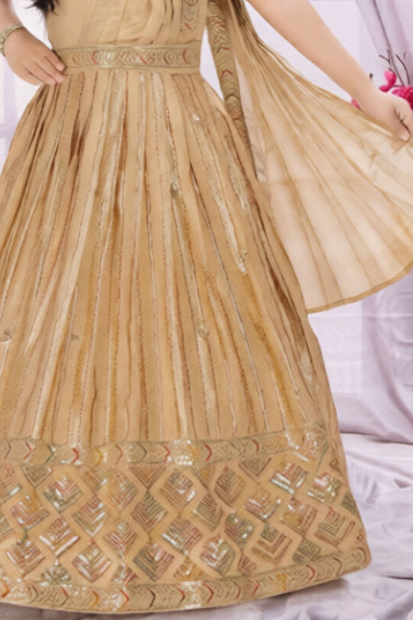 Golden Beige Sequins Embroidered Ethnic Gown with Dupatta for Girls