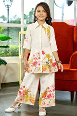 Stylish Cream Co Ord Set With Floral Printed For Girls