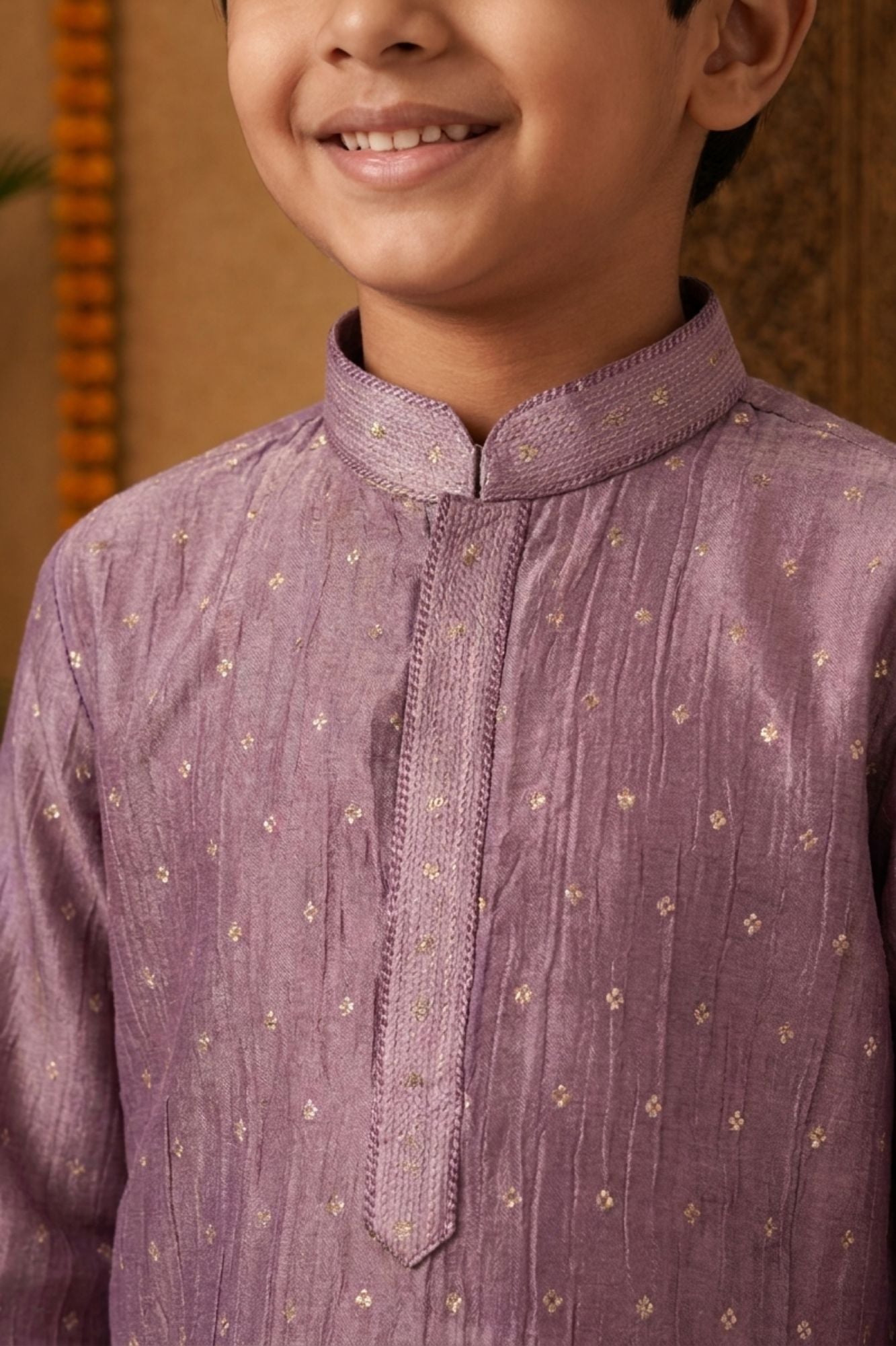 Boys Ethnic Mauve Crushed Tissue Embriodered Kurta Pajama Set