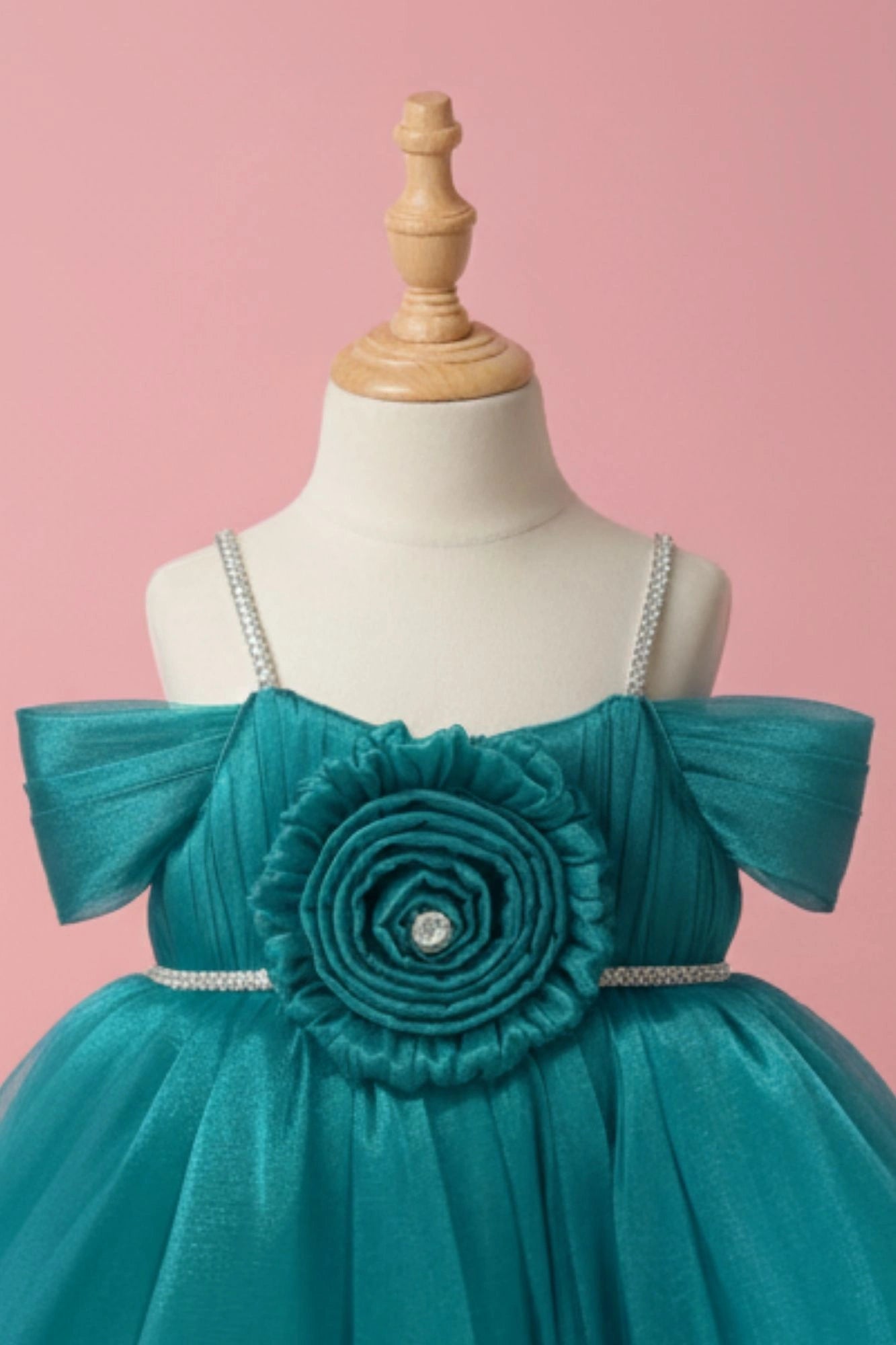 Teal Blue Party Frock with Pleated Flower Appliqué and Shimmer Finish For Girls
