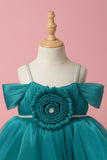 Teal Blue Party Frock with Pleated Flower Appliqué and Shimmer Finish For Girls