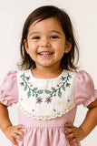 Pink Embroidered Cotton Frock With Puff Sleeves For Girls