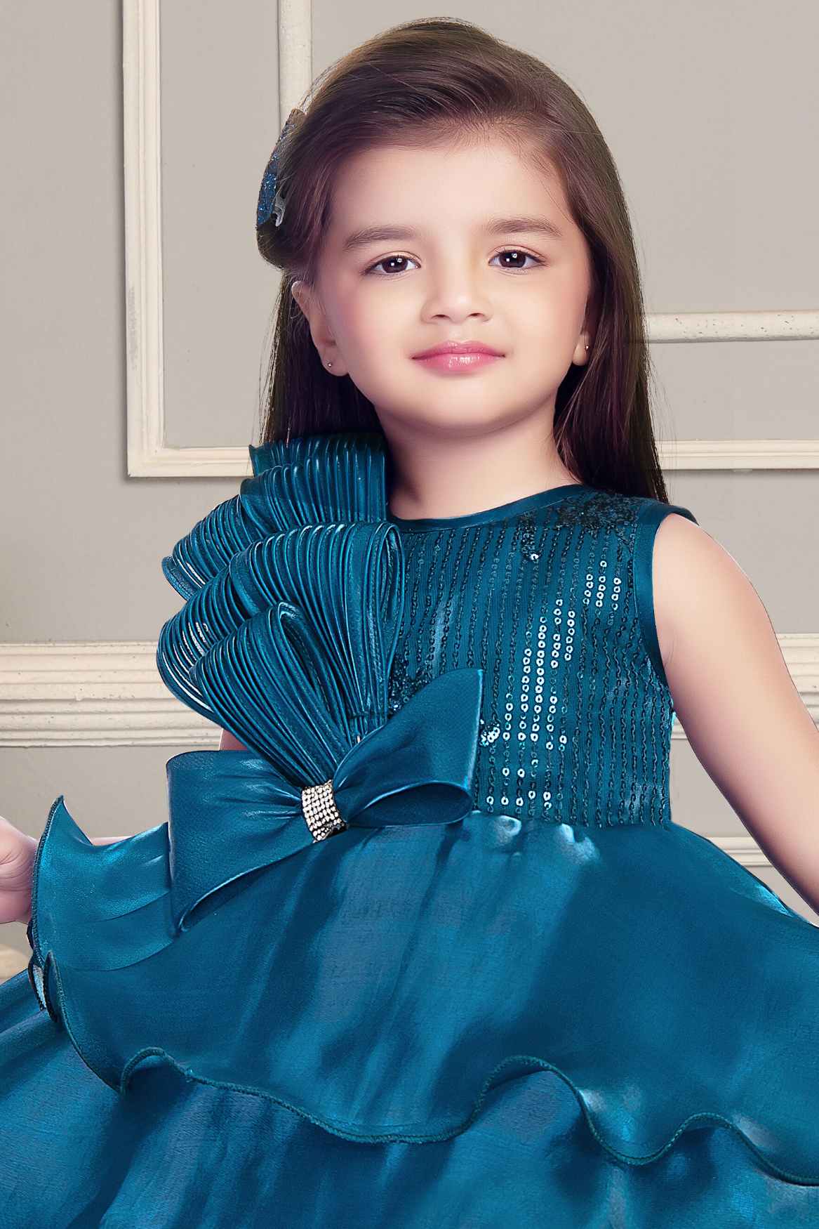 Teal Blue Frock With Bow Embellished And Sequin For Girls