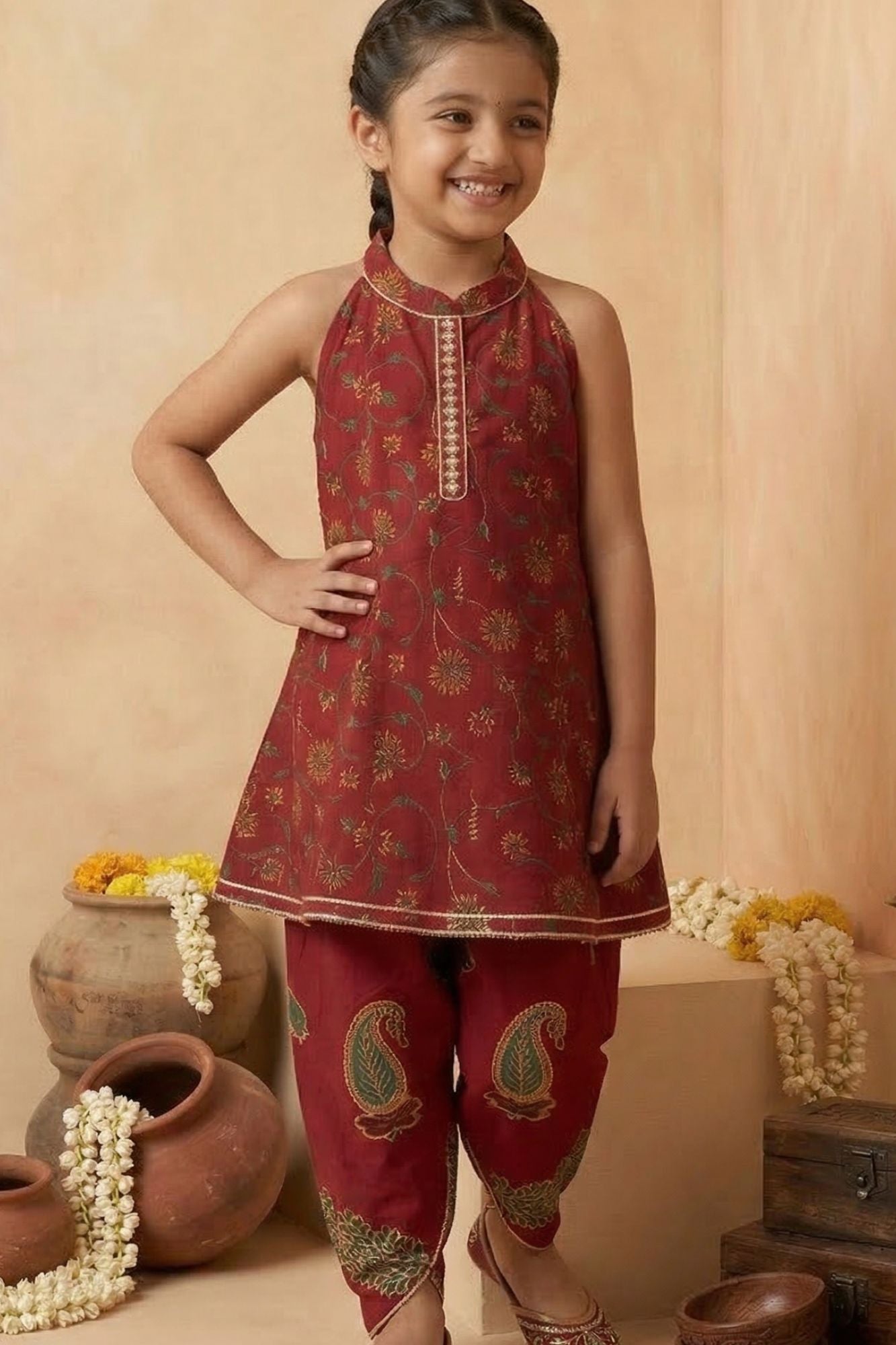 Girls Maroon Printed Kurti with Dhoti Pants Set