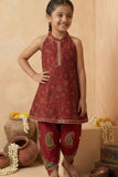 Girls Maroon Printed Kurti with Dhoti Pants Set