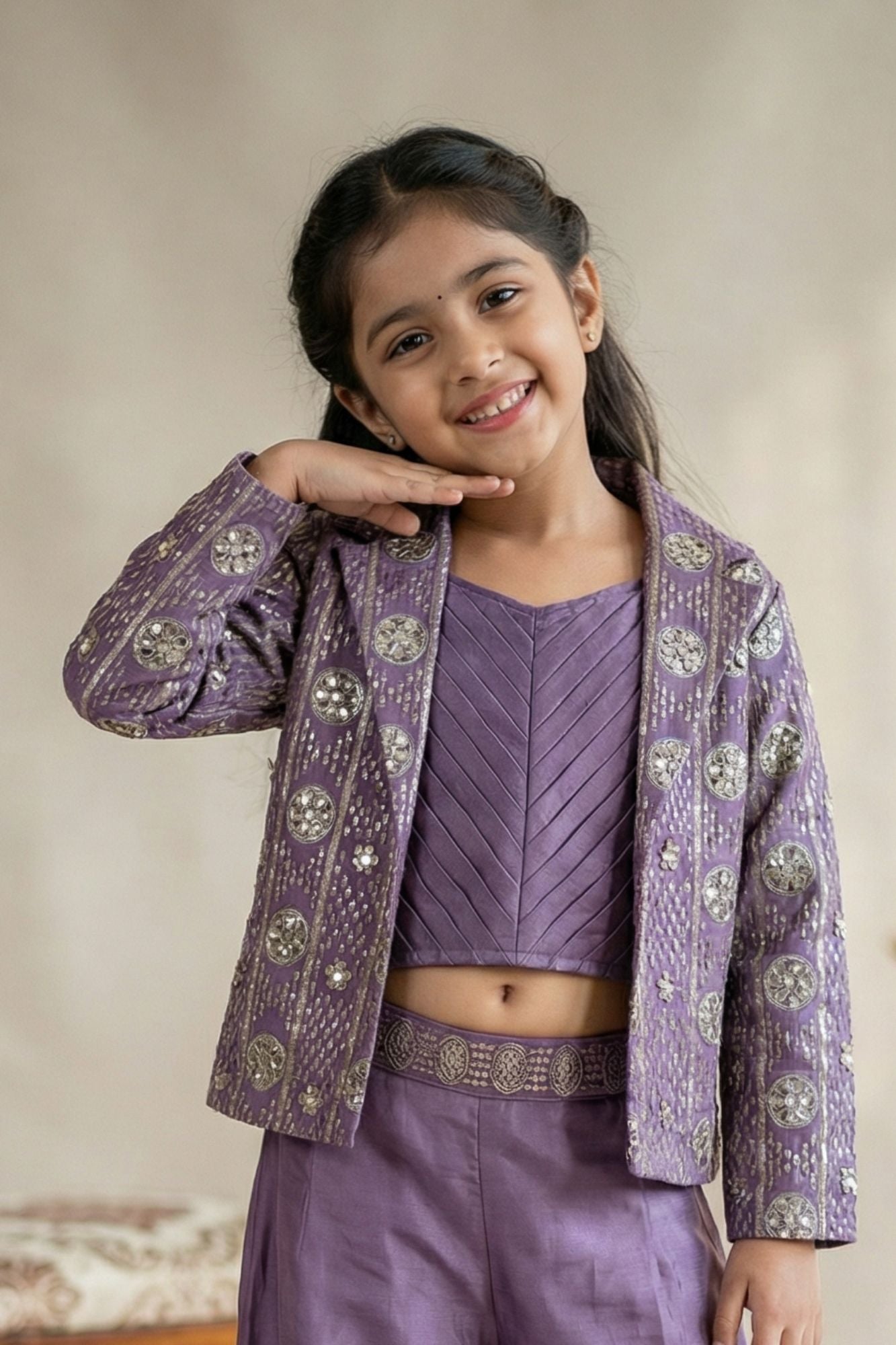 Lavender Embroidered Crop Top and Jacket Palazzo Set For Girls