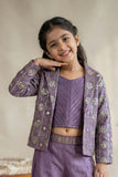 Lavender Embroidered Crop Top and Jacket Palazzo Set For Girls