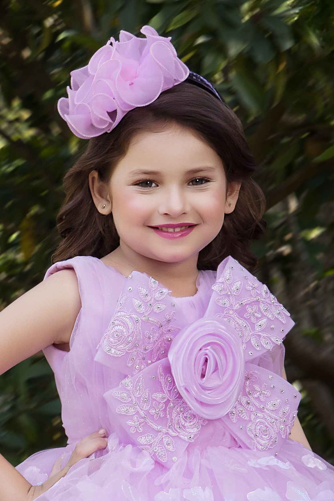 Lavender Butterfly And Floral Embellished Party Wear Tailback Frock for Girls