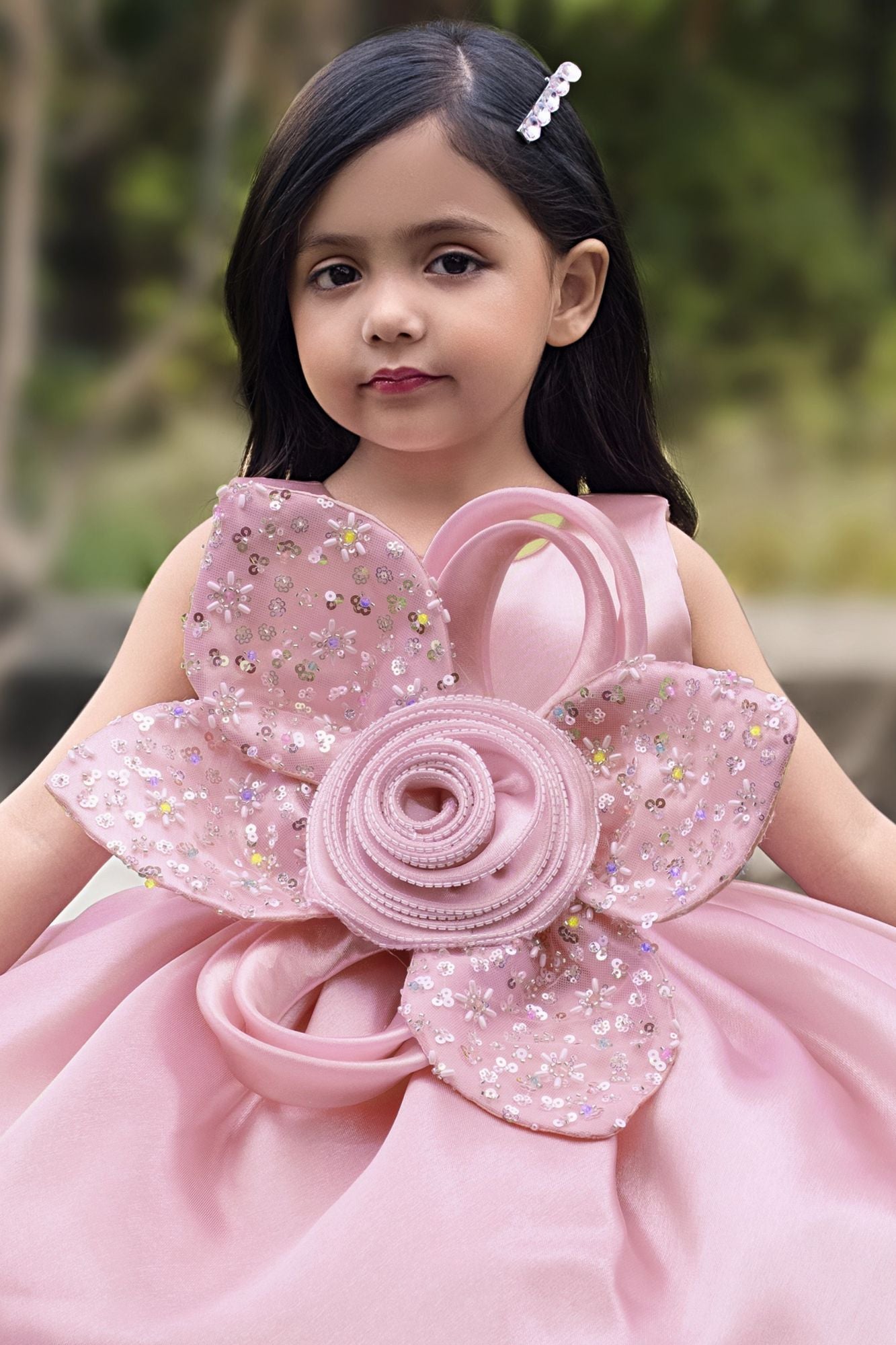 Girls Pink Floral Applique Party Dress With 3d Flower Detail