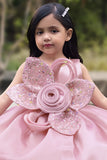 Girls Pink Floral Applique Party Dress With 3d Flower Detail