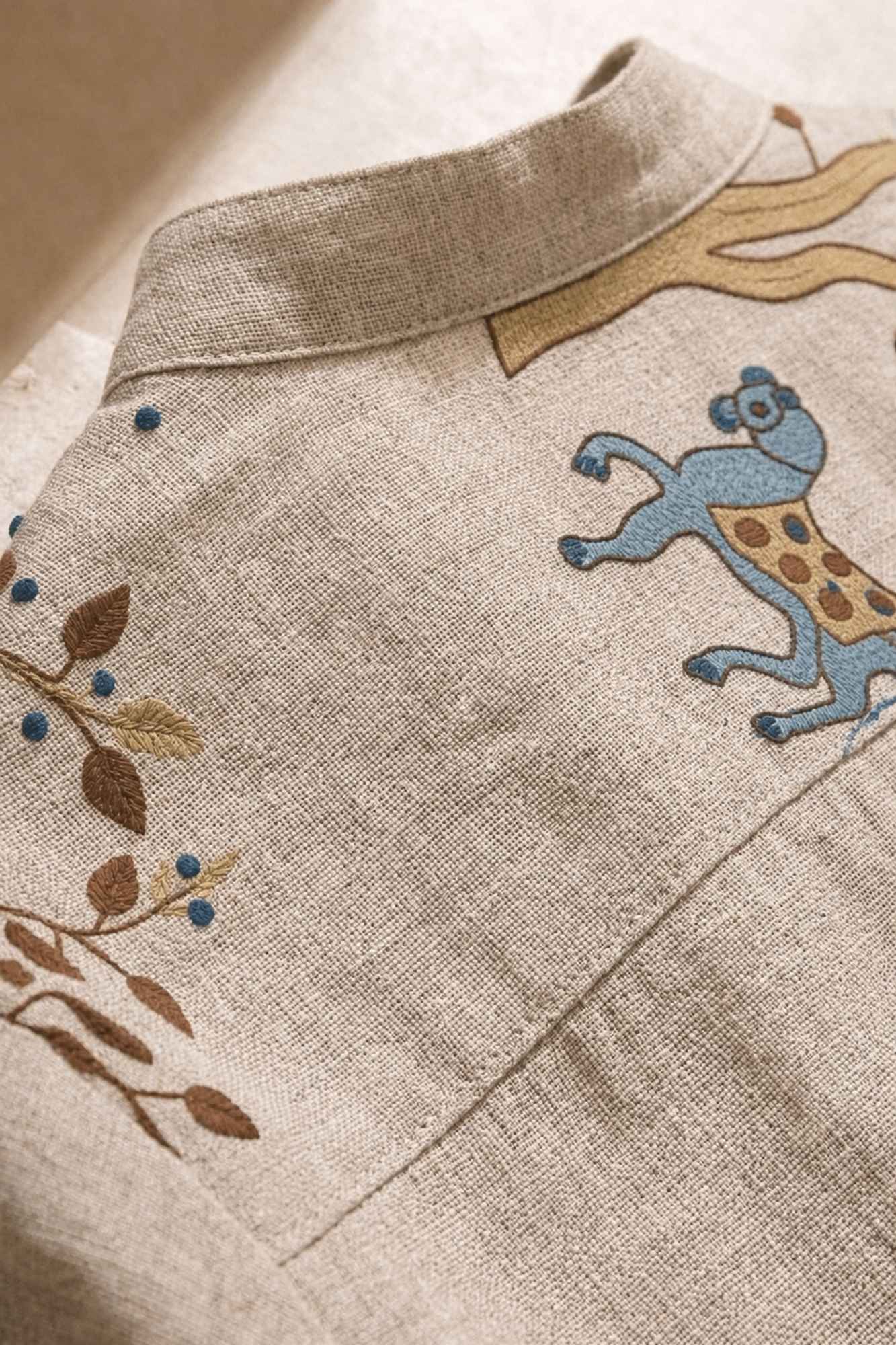 Beige Animal & Nature Embroidered Pure Linen Kurta